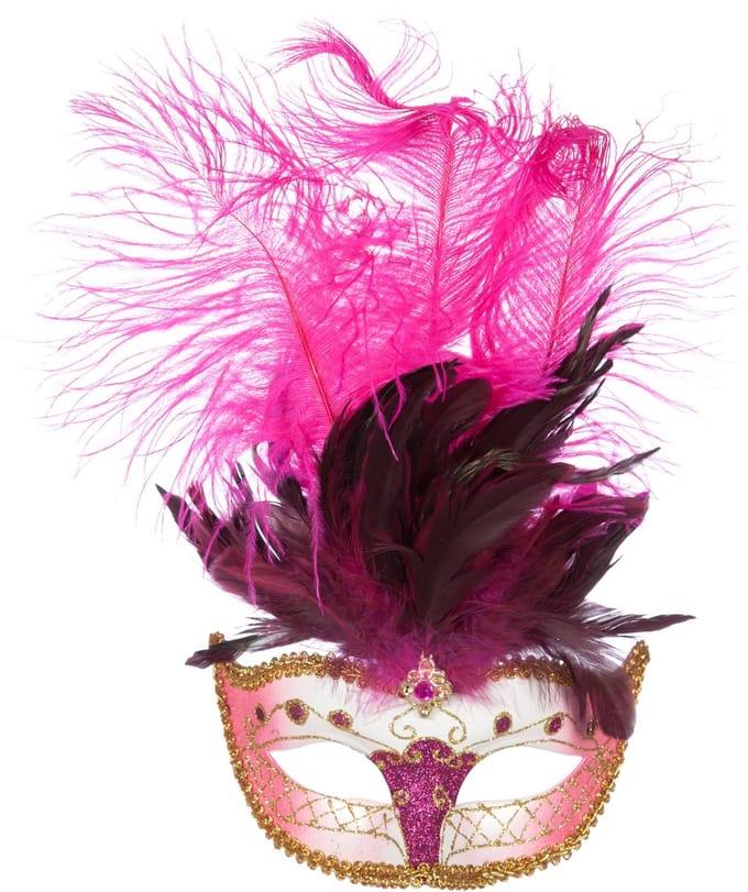 Venetiaans masker grote veer roze
