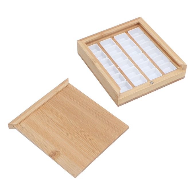 Waterverf Paletbak 24 Compartimenten Bamboe Hout Waterverf Mengbak met Deksel voor Reizen beige