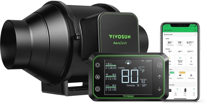 Inline kanaalventilator 10,2 cm met EC-motor en wifi temperatuur- en vochtigheidsregelaar