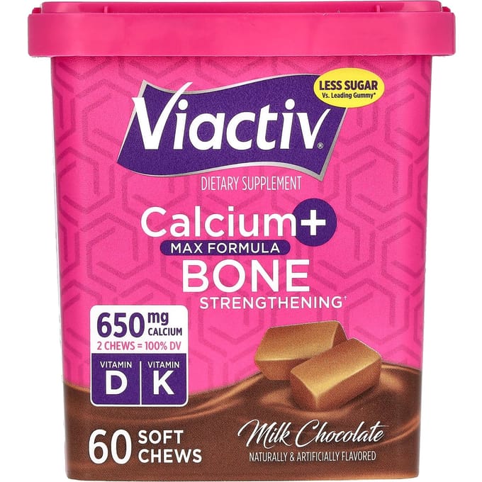 Viactiv, Calcium + Renforcement des Os, Formule Max, Chocolat au Lait, 60 Gommes Tendres