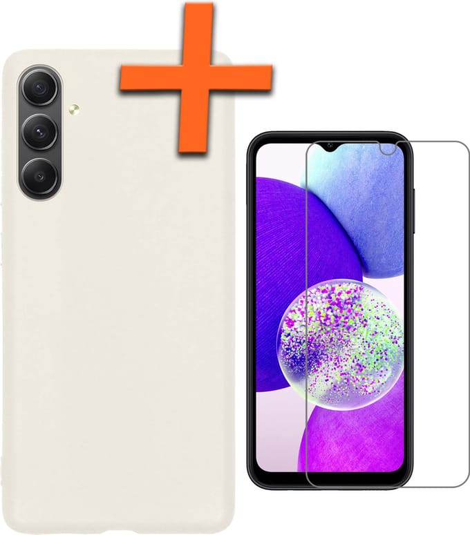 Hoes - Met Screenprotector - Geschikt voor Samsung Galaxy A14 - Sterk & Shockproof - Back Cover - Siliconen Case - Telefoon Hoes - Wit