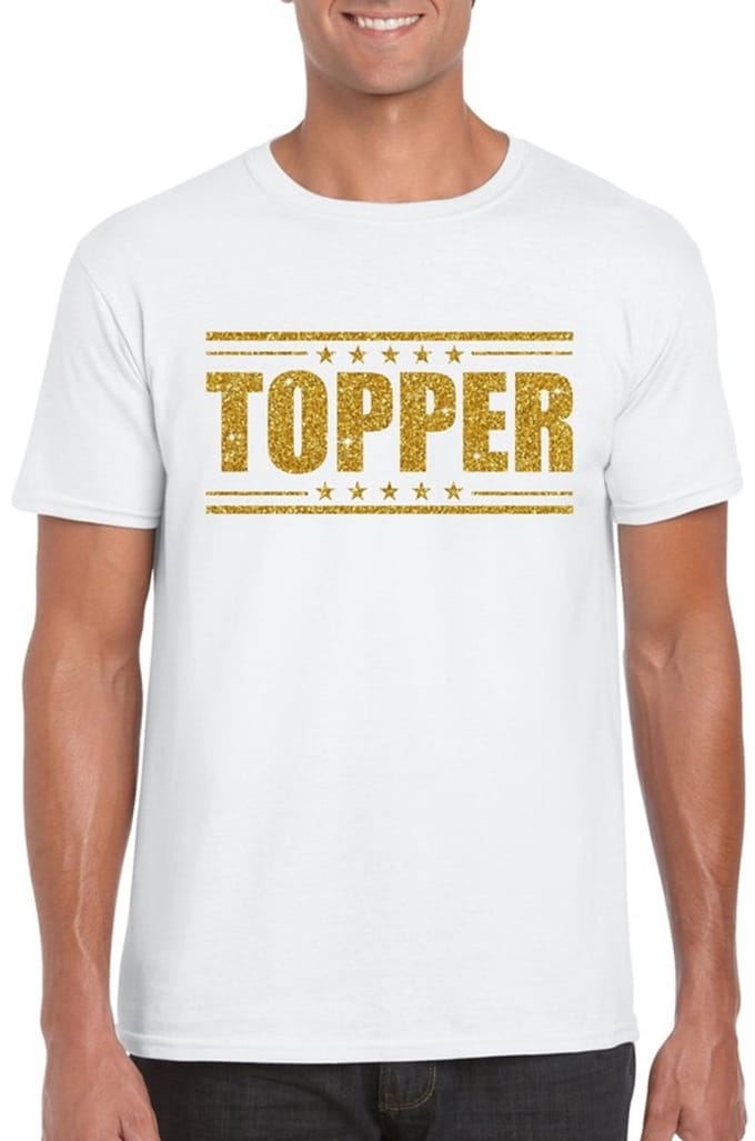 Wit Topper shirt in gouden glitter letters heren - Toppers dresscode kleding L