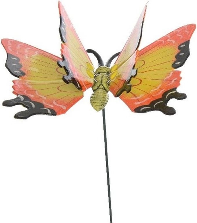 Decoris tuin deco vlinder op stok - geel - metaal - 17 x 60 cm - dieren decoraties - bewegend