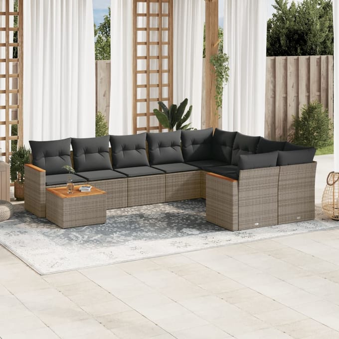 vidaXL - 10-delige - Loungeset - met - kussens - poly - rattan - grijs