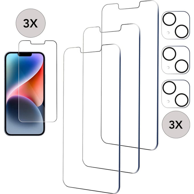 Podec 3x Screenprotector en 3x Camera Lens Protector - iPhone 14 - Transparant en Krasbestendig - Tempered Glass Screen Cover