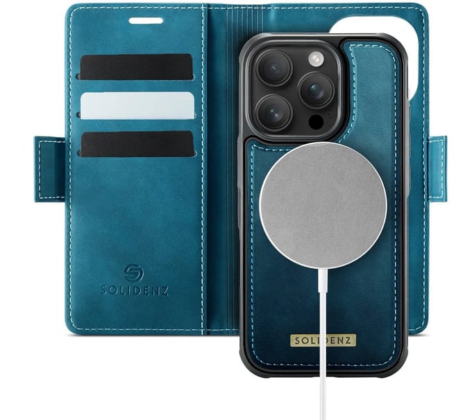 Solidenz geschikt voor iPhone 15 Pro Max hoesje - Luxe Wallet met MagSafe - Afneembare Backcover - Blauw