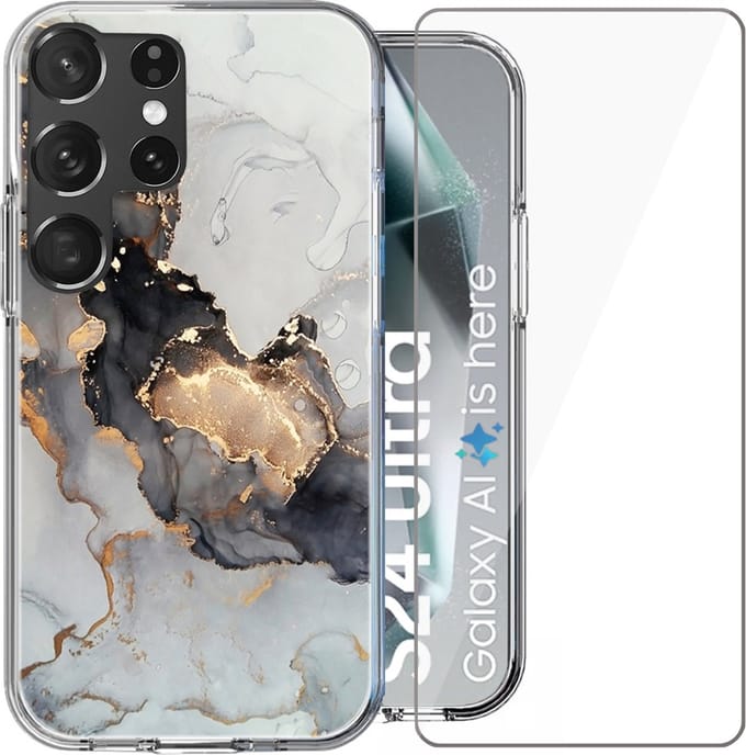 Hoesje geschikt voor Samsung Galaxy S24 Ultra - Screen Protector Glas - Back Cover Marmer Siliconen Case Wit & Screenprotector