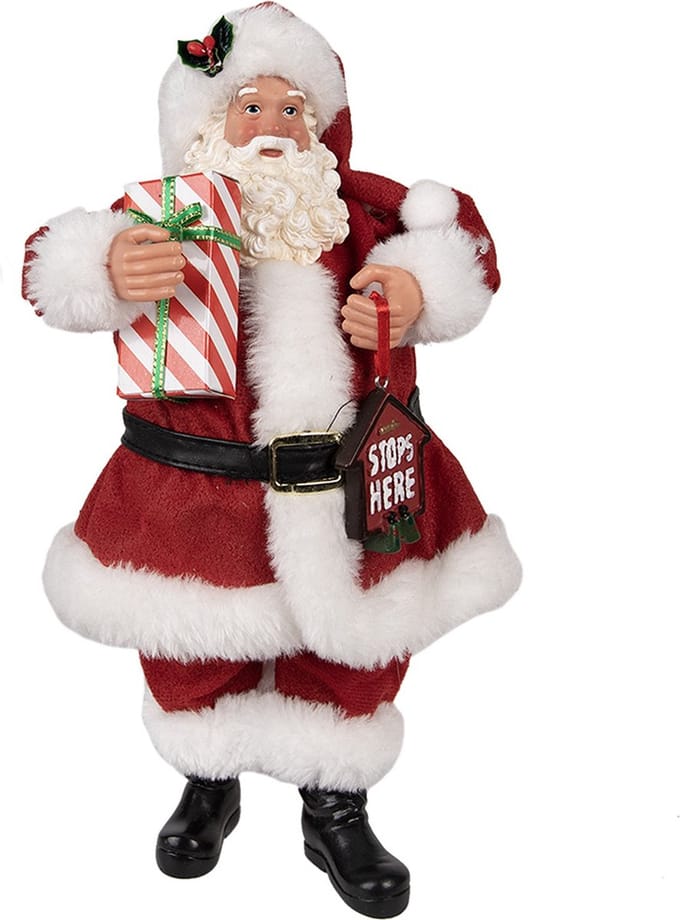 Clayre & Eef Beeld Kerstman 28 cm Rood Textiel op kunststof Beeld Kerstmis