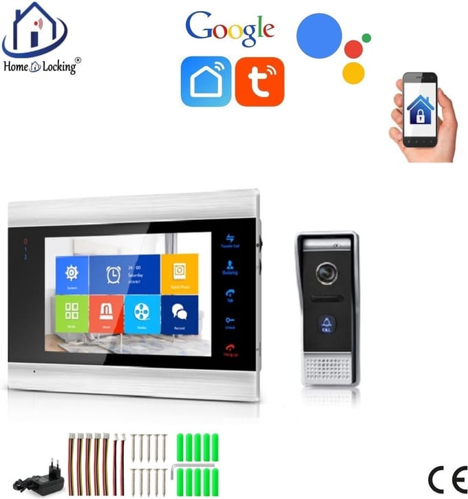 WIFI videofoon/intercom met 1 deurbel camera + 1 binnen paneel/scherm en kan werken met spraak gestuurde apps. T-2101.