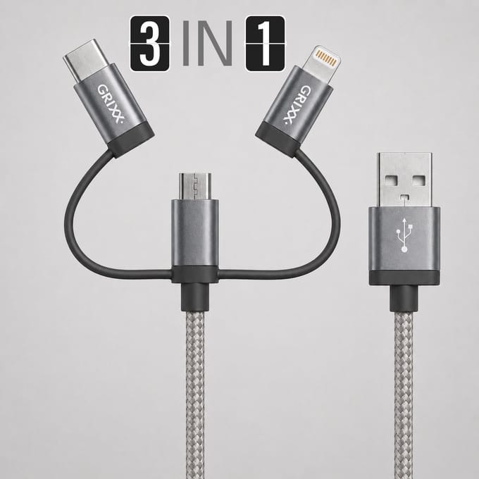 Grixx - 3 in 1 Kabel - oplaadkabel - USB-C / Lightning / Micro USB - MFI-gecertificeerd - Gevlochten - 1 meter - Grijs
