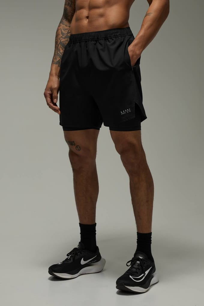 Heren Active 2-in-1 Stretch Geweven Ripstop Short | Black | Size Medium