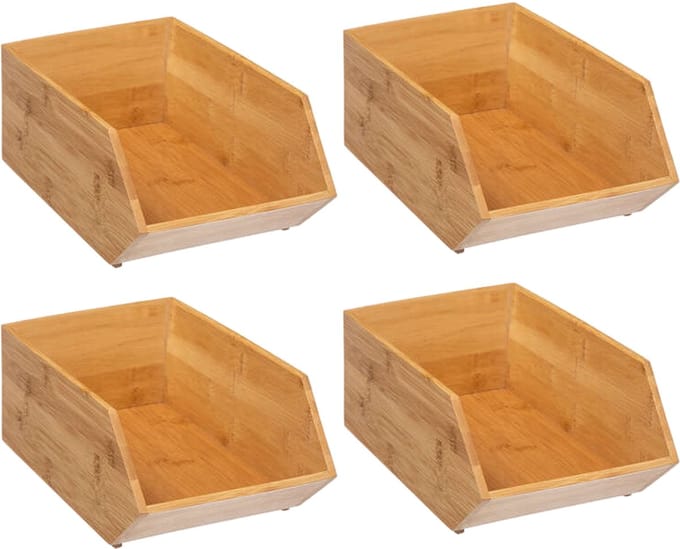 5Five Stapelbare opbergmand 1 vaks organizer - 4x - L18 x B31 x H12 cm - bamboe hout - lichtbruin