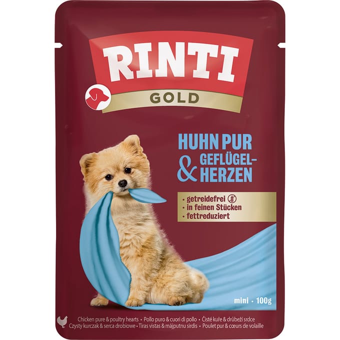 10x100g RINTI Gold Kip Pur & Gevogelteharten Hondenvoer nat