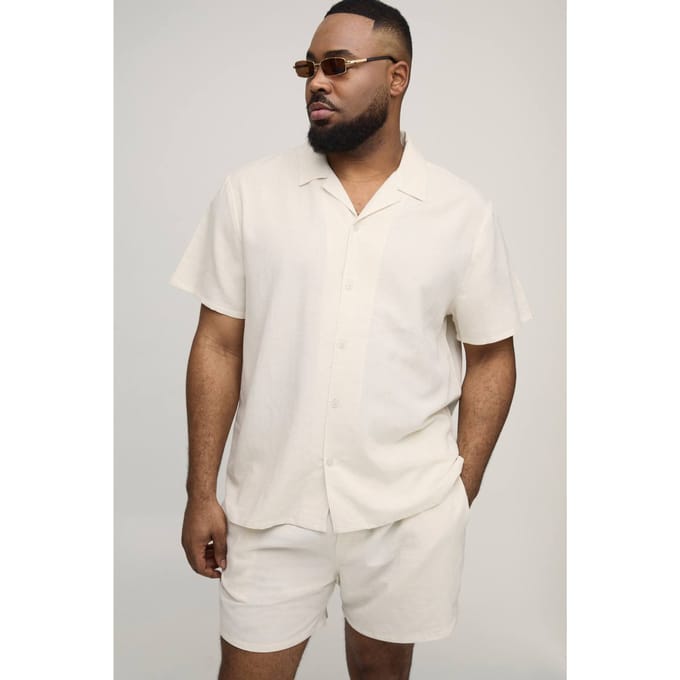 Plus Vakantie Linnen Mix Regular Overhemd & Relaxed Short Set | Natural | Size 2XL