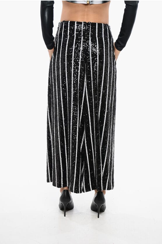 Pailletten gestreepte high-waist broek in zwart en wit
