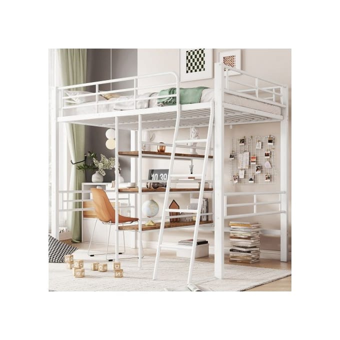 Verhoogd slaapgedeelte - MUVOE - 90x200cm - Geïntegreerd bureau - Veilige ladder - Wit wit