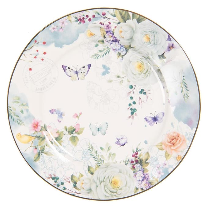 Clayre & Eef Ontbijtbord Ø 19 cm Wit Blauw Porselein Bloemen