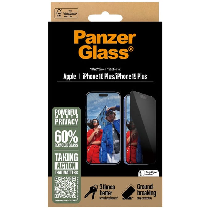 PanzerGlass Screenprotector geschikt voor Apple iPhone 16 Plus Glazen | PanzerGlass Ultra-Wide Fit Privacy Screenprotector Privacy - Case Friendly - Zwart