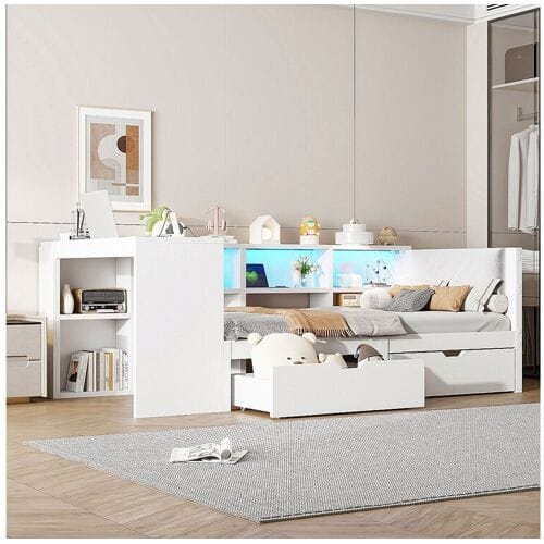 Merax Kindercombinatiebed - 90 x 200 - met opbergplanken + 2 lades + LED's + tafel - MDF - wit