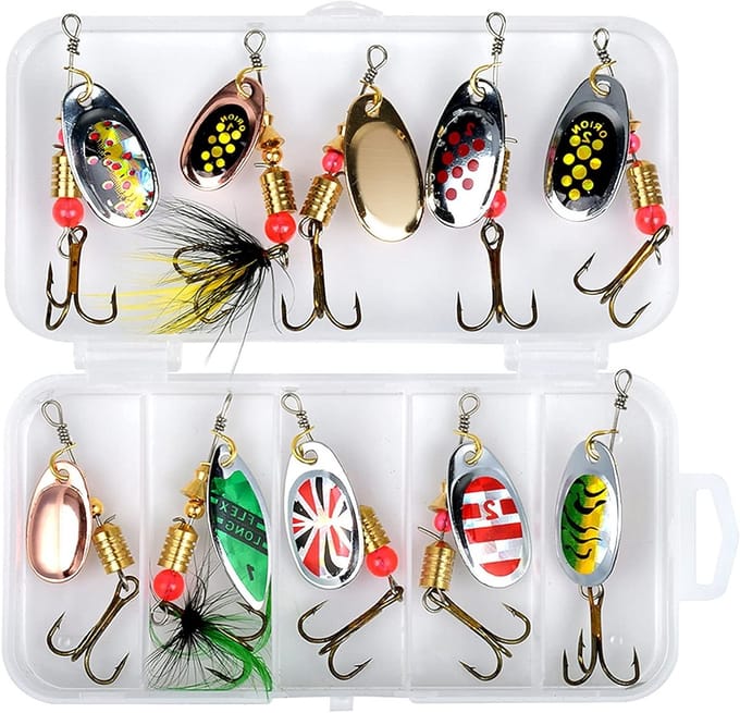 Set van 10 Vissersaas Lepels met Opbergdoos - Spinnerbaits voor Forel, Baars en Snoek