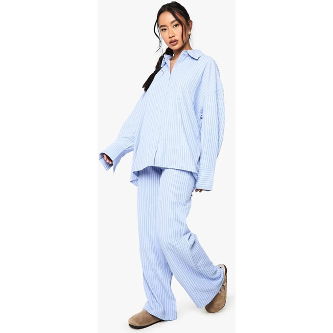 boohoo Dames Gestreepte oversized overhemd en broek set | Blue | Maat: 12