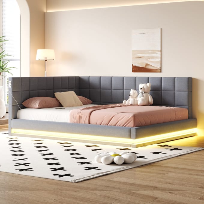 MODFU - Bedframe 160x200 cm – Grijs linnen met LED (app) & USB – Lattenbodem