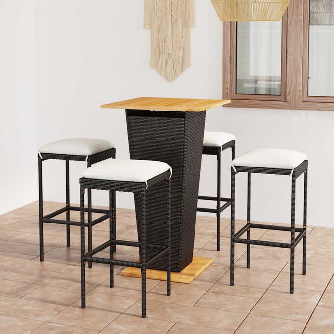vidaXL - 5-delige - Tuinbarset - met - kussens - poly - rattan - zwart