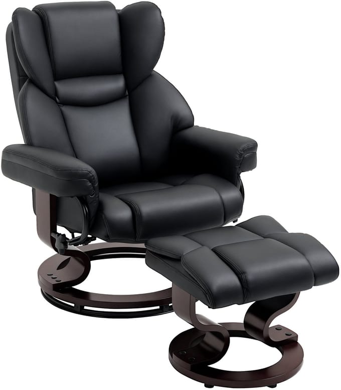 HOMCOM kantelbare relaxfauteuil met hocker - TV-fauteuil - Draaifauteuil - Relaxstoel - Zwart