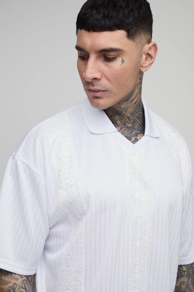 Lang Oversized Boxy Gestreept Shirt Met Kanten Paneel Football Top | White | Size Medium