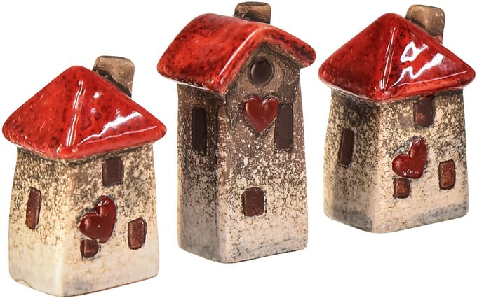 Keramieken huis met rood dakraam en hart - 6 cm - Idyllische decoratie