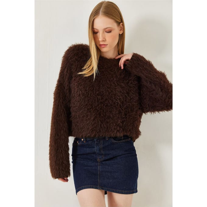 Gestructureerde Crew Neck Crop Trui met Pluche Detail