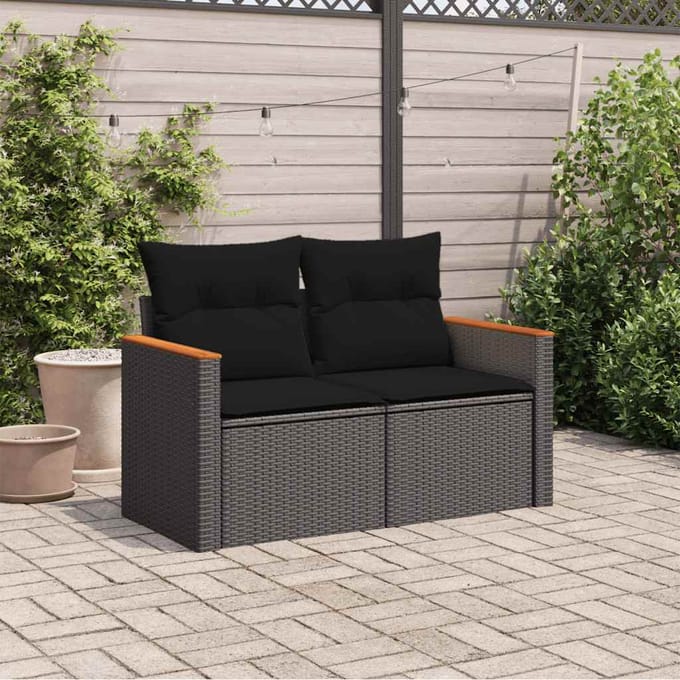 vidaXL - Tuinbank - 2-zits - met - kussens - poly - rattan - zwart