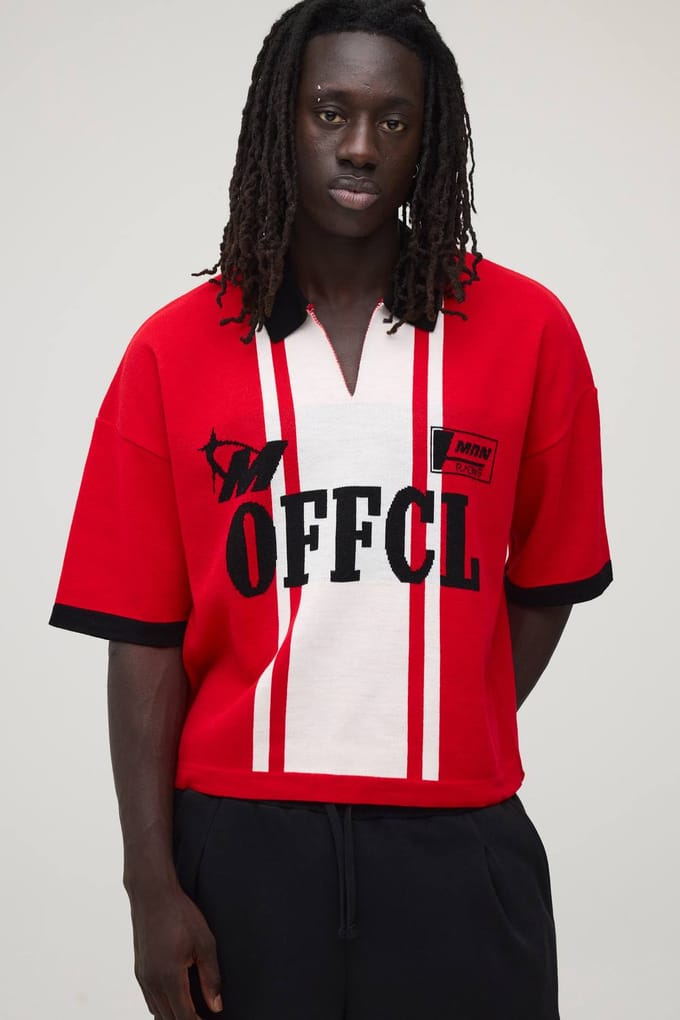 Oversized Boxy Moto Racing Graphic Knit Polo | Red | Size Large