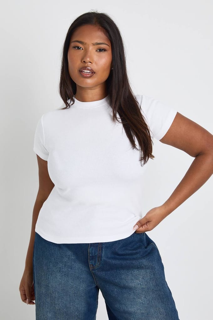 boohoo Dames Plus Basic Rib Korte Mouw Getailleerde Top | Wit | Maat: 48