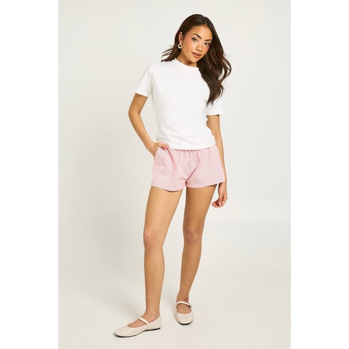boohoo Dames Gestreepte Runner Short Met Elastische Tailleband In Boxerstijl | Roze | Maat: 44