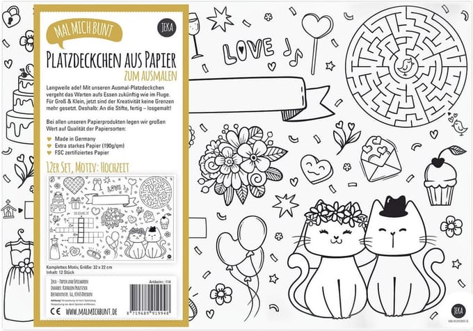 Papieren placemat / kleurplaat - Trouwerij / bruiloft / feest (12 stuks)