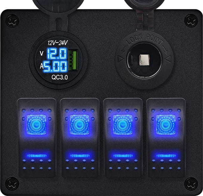 ProRide Schakelpaneel 12V voor Auto/Boot - USB Lader met Voltmeter/Ampèremeter - QC3.0 - 4 schakelaars