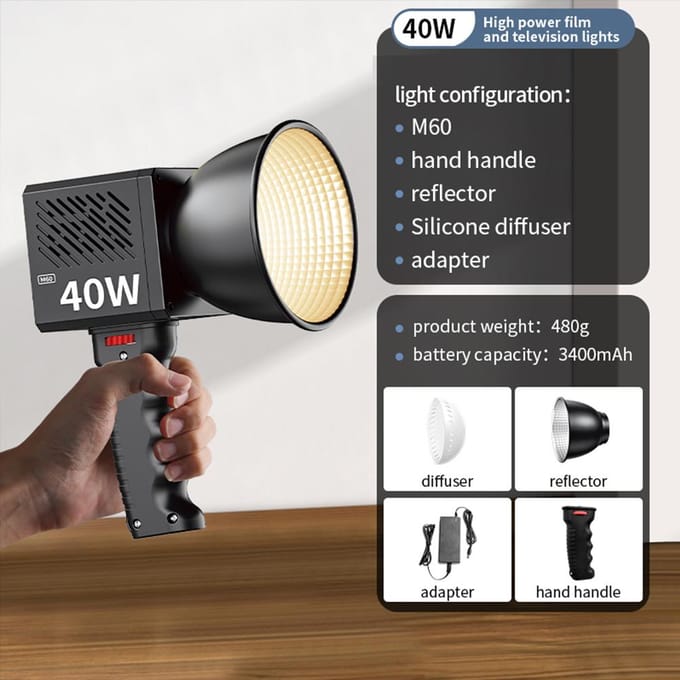 Draagbare COB Videolamp Handheld Fotografie Vullicht 40W 2500K-6500K Dimbaar 9 Scène Verlichting EU Plug