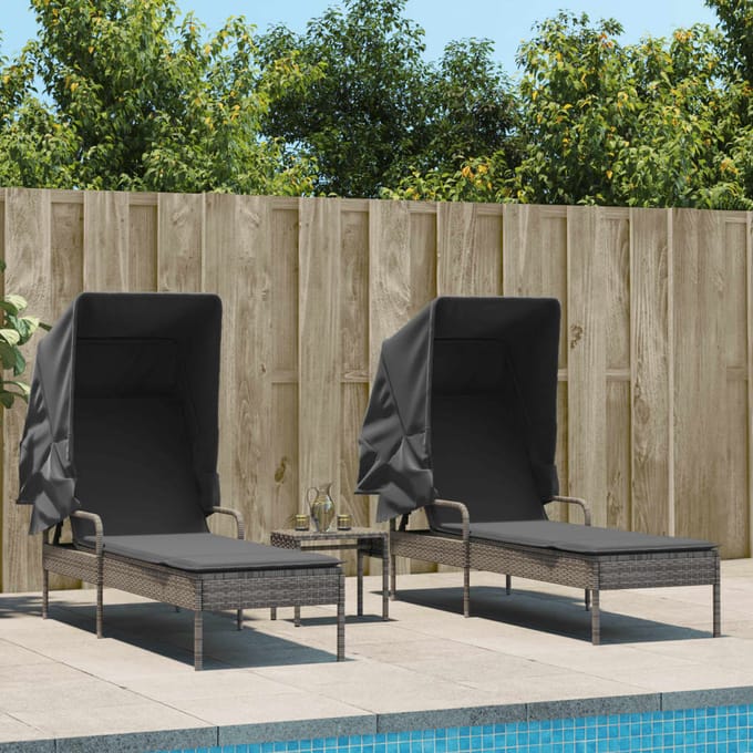 vidaXL - Ligbedden - 2 - st - met - luifels - en - tafel - poly - rattan - grijs