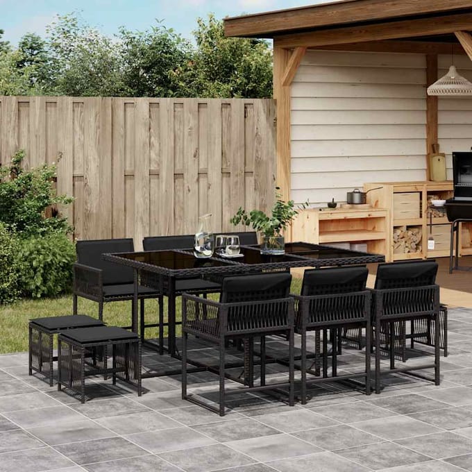 vidaXL - 11-delige - Tuinset - met - kussens - poly - rattan - zwart