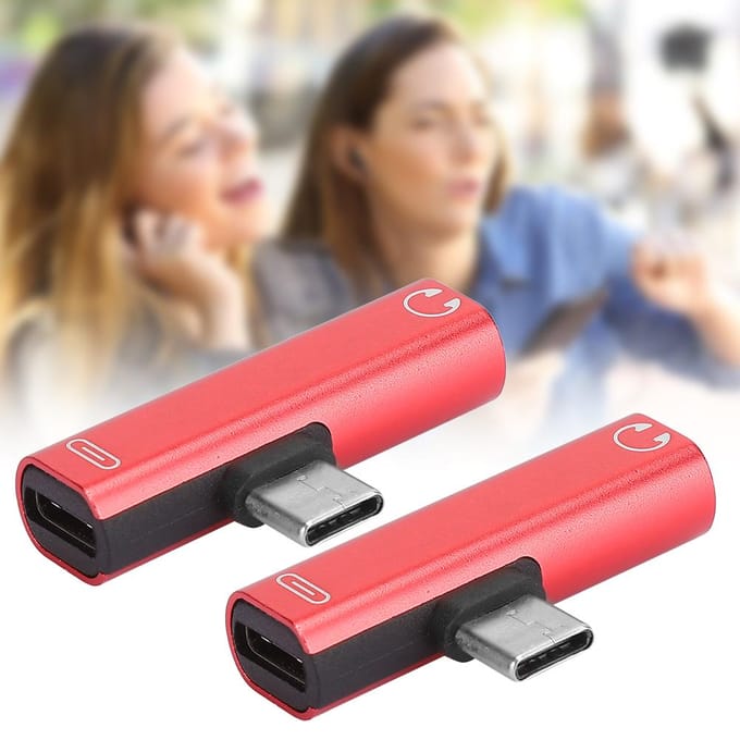 2 stuks 2 in 1 TypeC naar 3.5mm Assist o Kabel Draad Oplader Headset Distributeur Adapter(rood ) zilver