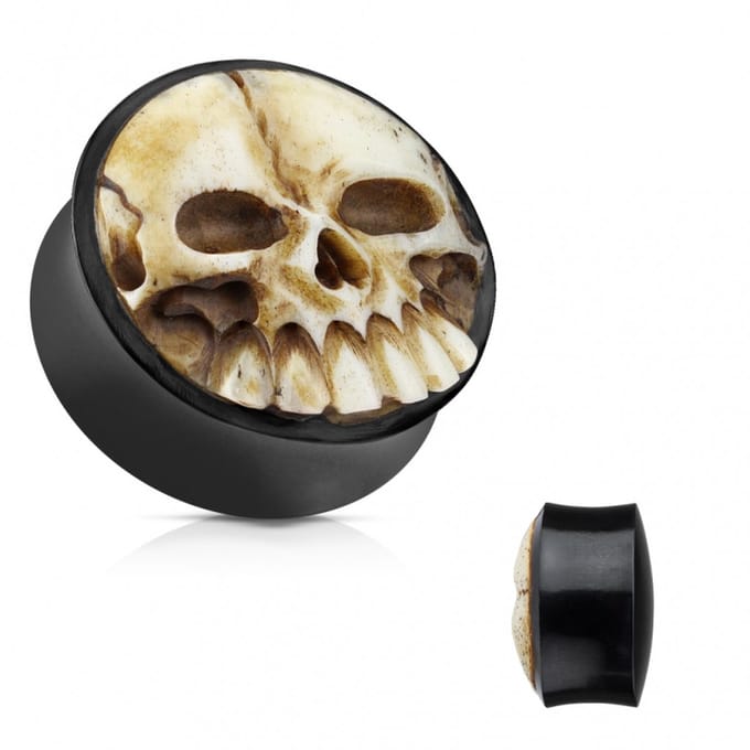 Double Flared 3D Hand Carved Bone Skull 19 mm - LMPiercings