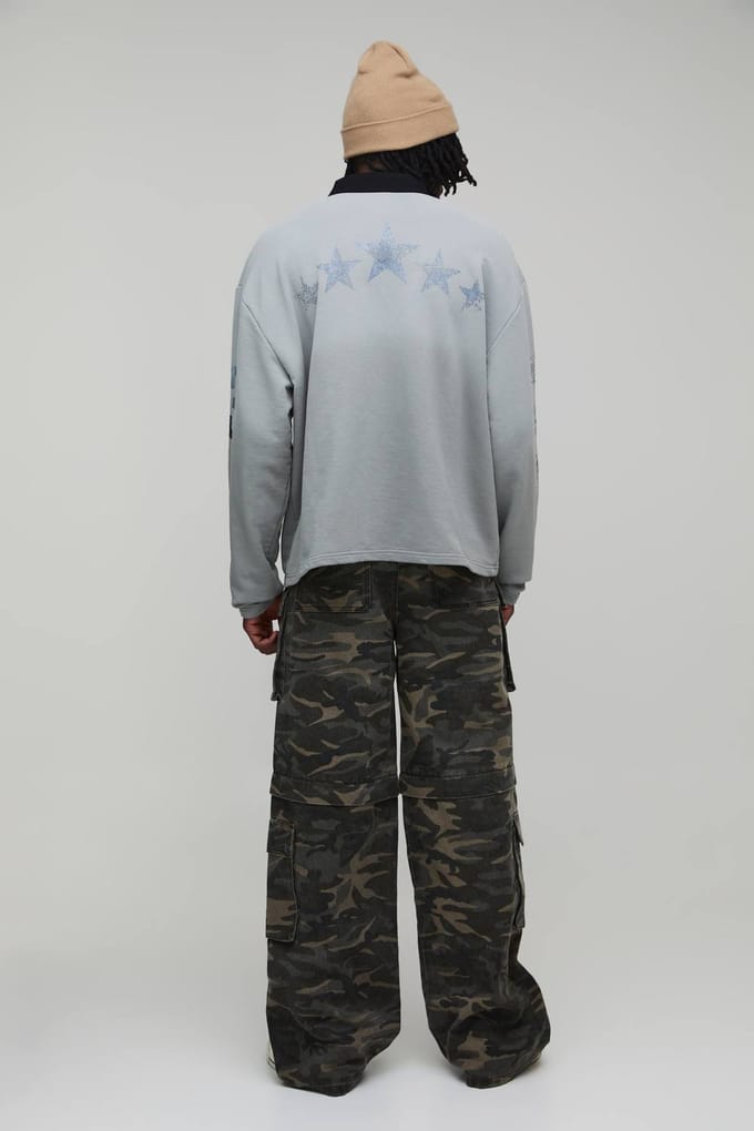 Lange Oversized Western Bedrukte Rugby Sweatshirt met Badge | Grey | Size Small