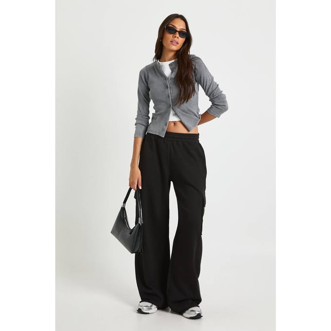 boohoo Dames Lange cargo joggers met wijde pijpen | Zwart | Maat: Small
