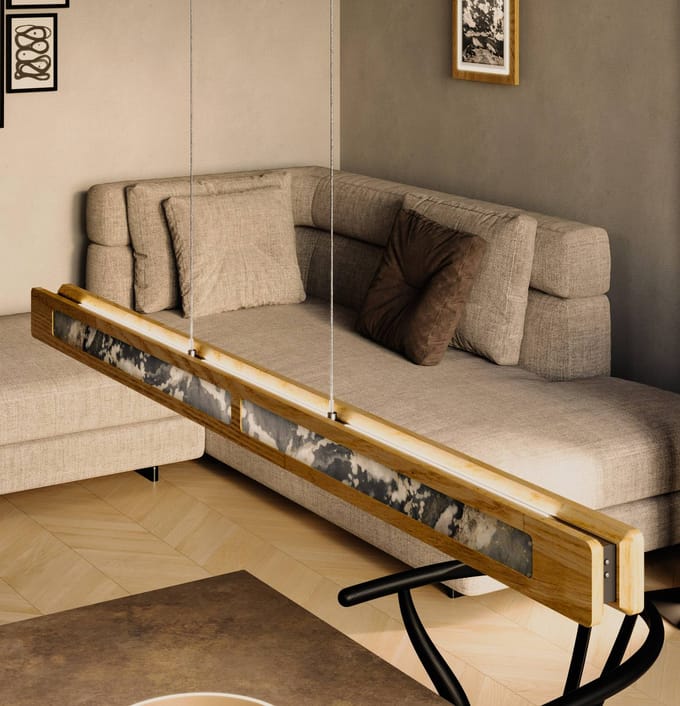 Elobra LED hanglamp Chile S, eiken/kleurrijke leisteen, lengte 114 cm