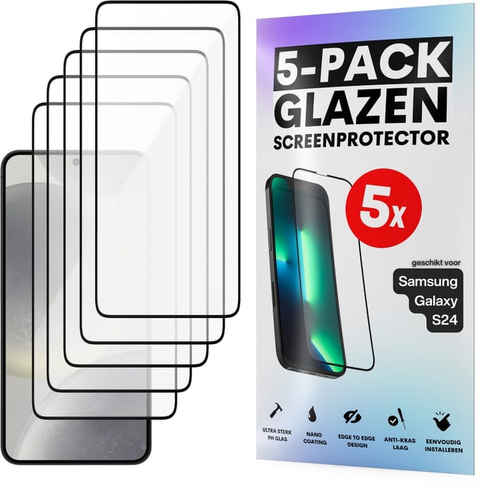 Screenprotector - Geschikt voor Samsung Galaxy S24 - Gehard Glas - Full Cover Tempered Glass - Case Friendly - 5 Pack
