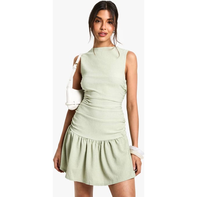 boohoo Dames Getextureerde Slash Neck Drop Waist Mini Jurk | Sage | Maat: 18