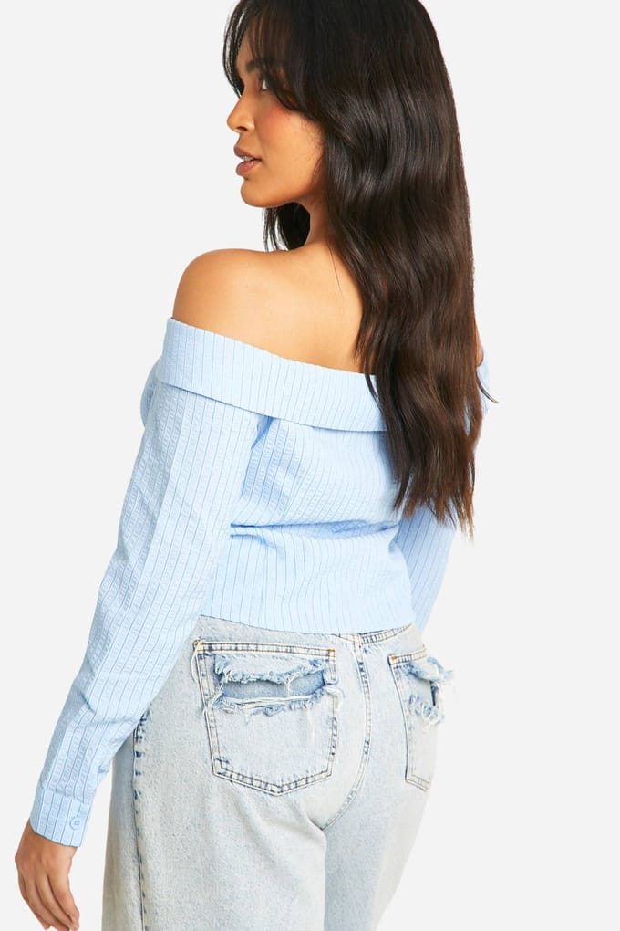 boohoo Dames Plus Bardot gestreept shirt | Lichtblauw | Maat: 56