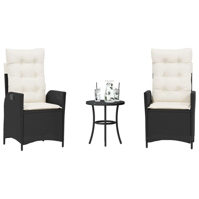 vidaXL - 3-delige - Bistroset - met - kussens - poly - rattan - zwart