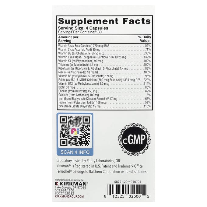 Kirkman Labs, Prenataal met Choline, 120 Capsules